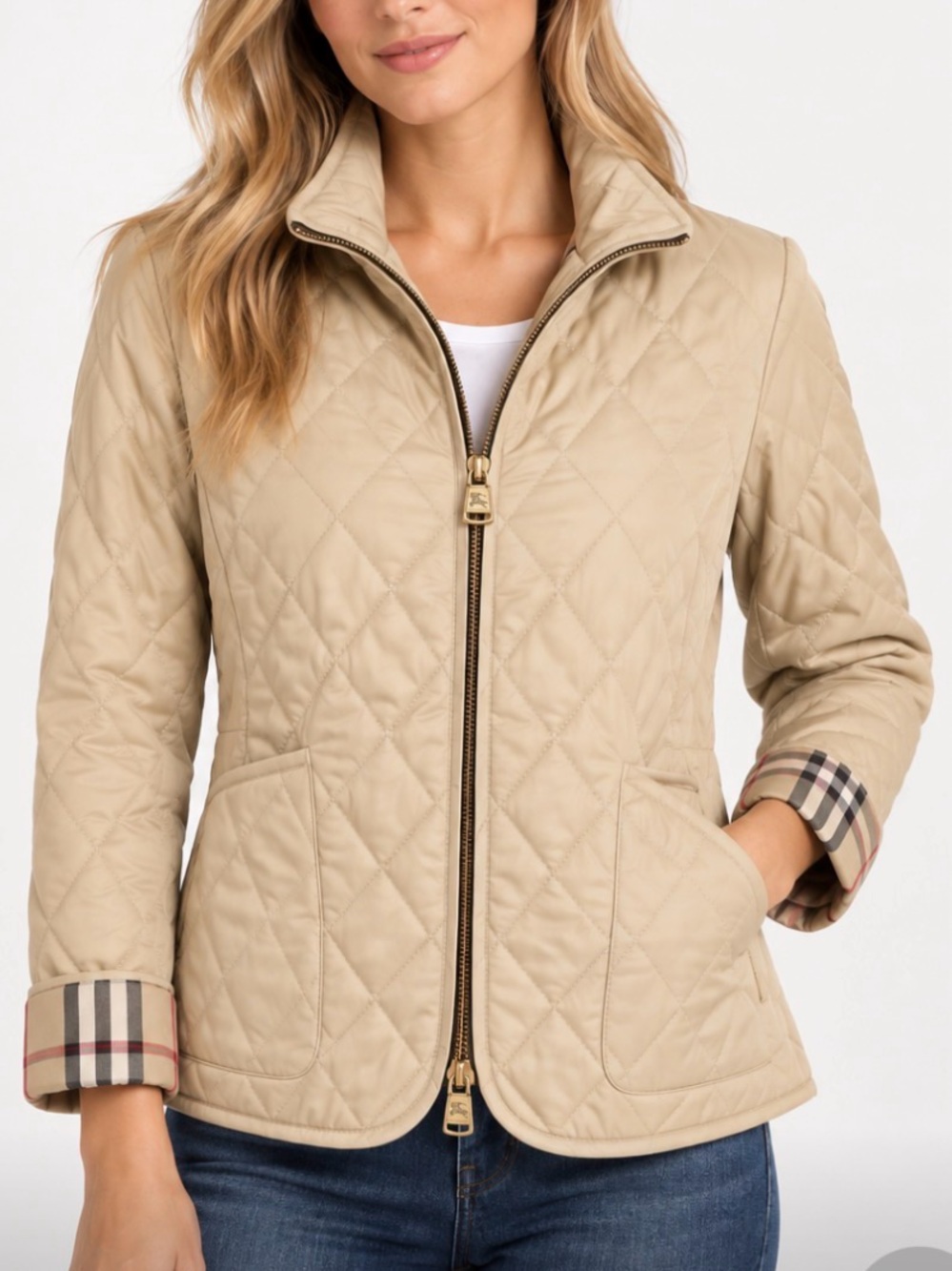 Authenticated Burberry London Quilted Check Lined Jacket Beige Women’s Small
